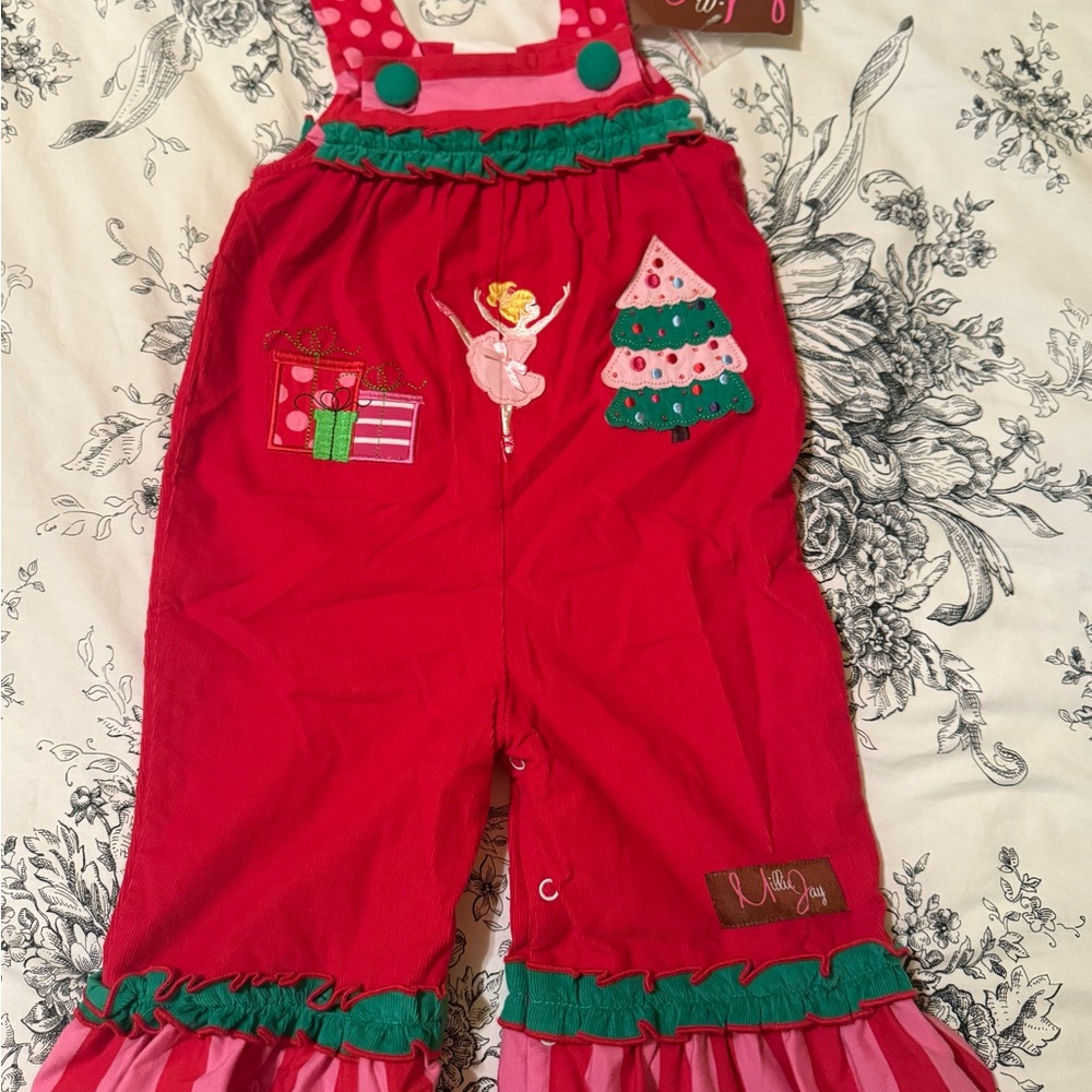 Red Christmas Themed Overalls with Ruffle Trim